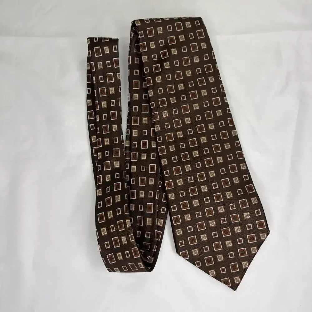 Geoffrey Beene Extra Long 100% Silk Geometric Print Brown Necktie, preppy, work